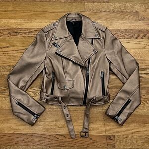 Modern Gold Metallic Faux Leather Side Zip Moto Jacket